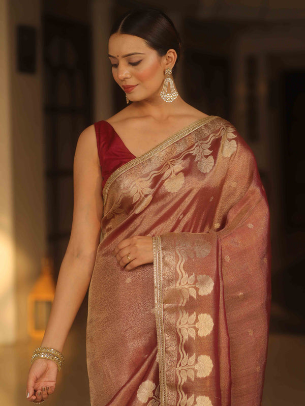 Banarasee Handwoven Soft Tissue Saree With Zari Border & Lace-Maroon