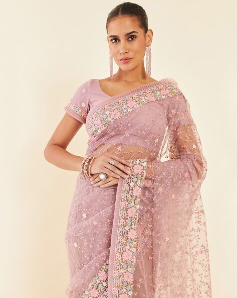 Elegant Pink Floral Embroidered Net Saree with Blouse