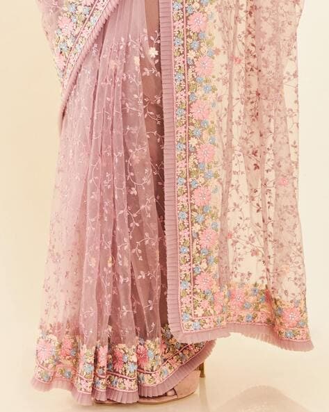 Elegant Pink Floral Embroidered Net Saree with Blouse