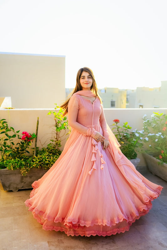 Solid Long Flair Double Layered Anarkali With Dupatta