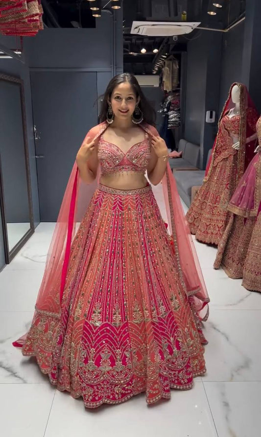 Peach and Maroon Embroidered Net Lehenga with Stylish Blouse