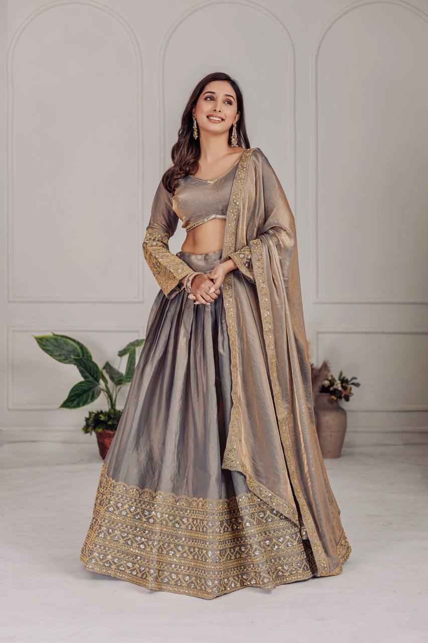 Golden Grey Silk Lehenga with Sequence Work and Dupatta