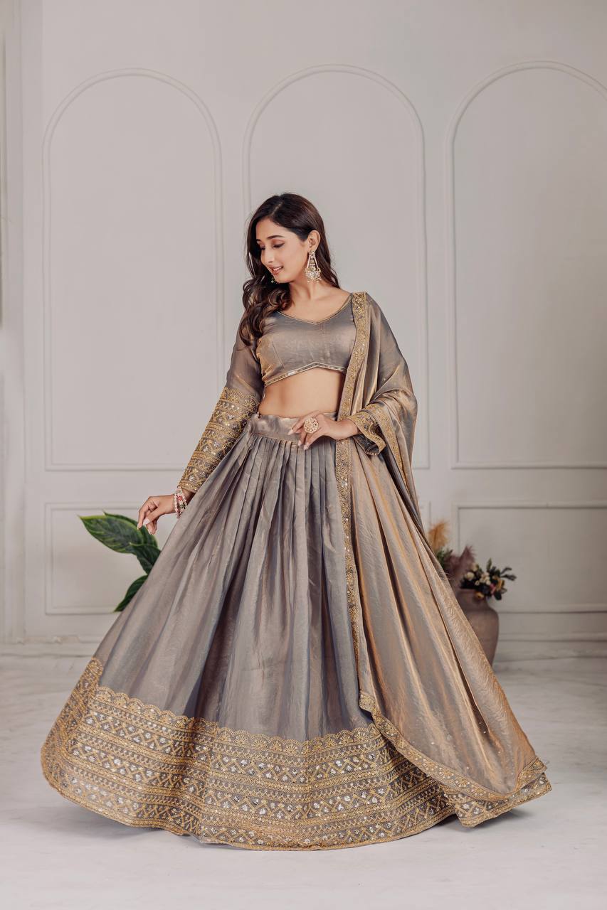 Golden Grey Silk Lehenga with Sequence Work and Dupatta