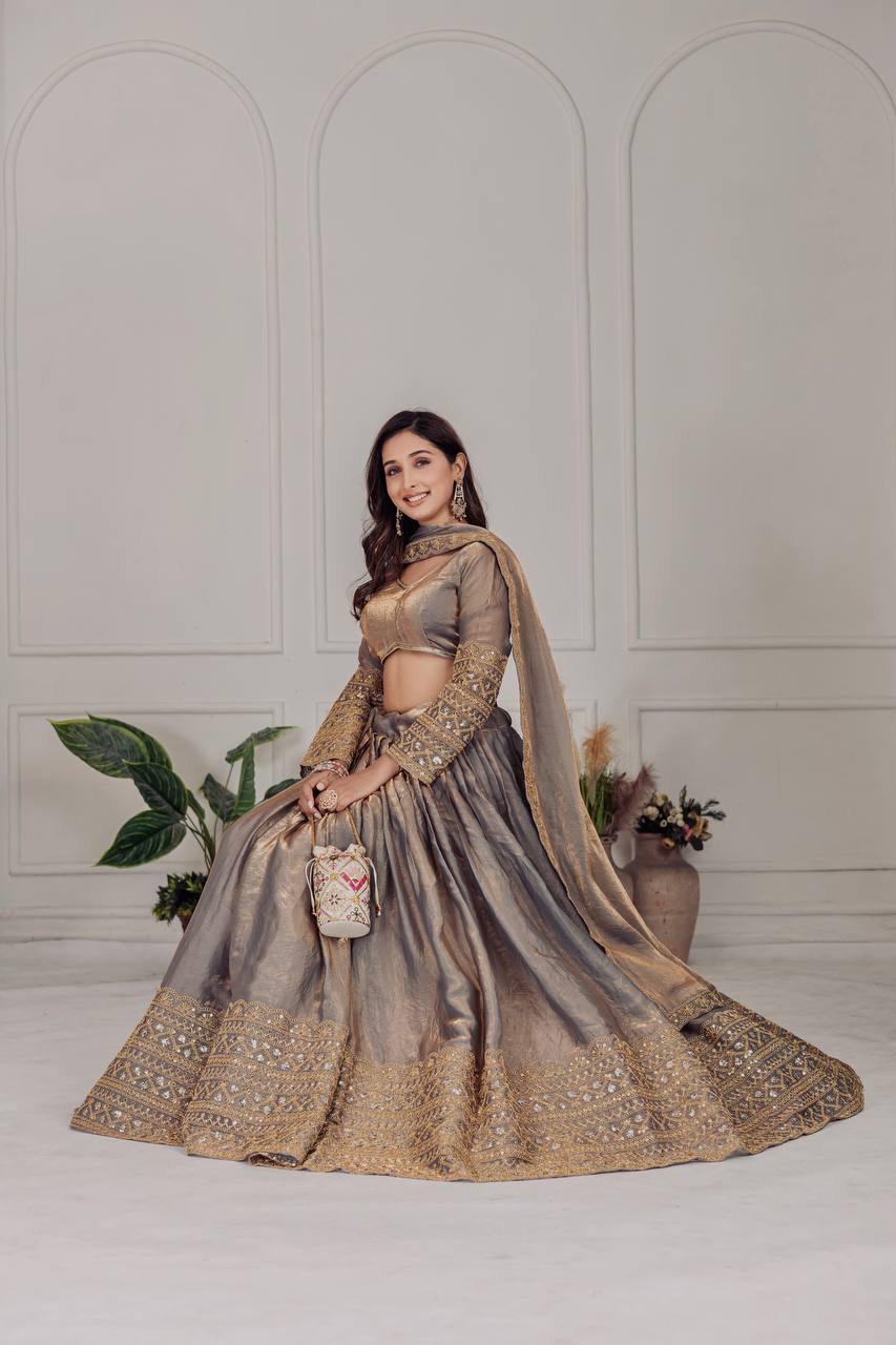 Golden Grey Silk Lehenga with Sequence Work and Dupatta