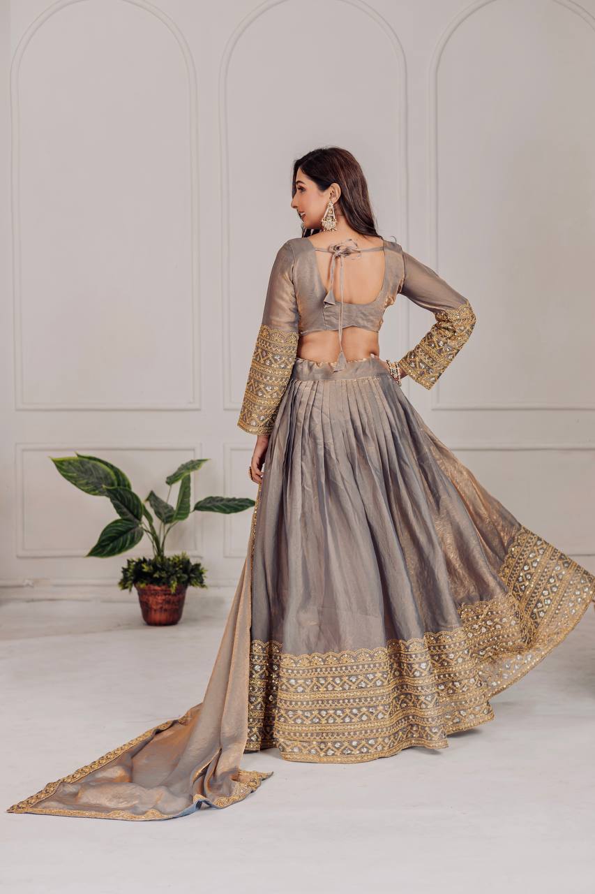 Golden Grey Silk Lehenga with Sequence Work and Dupatta
