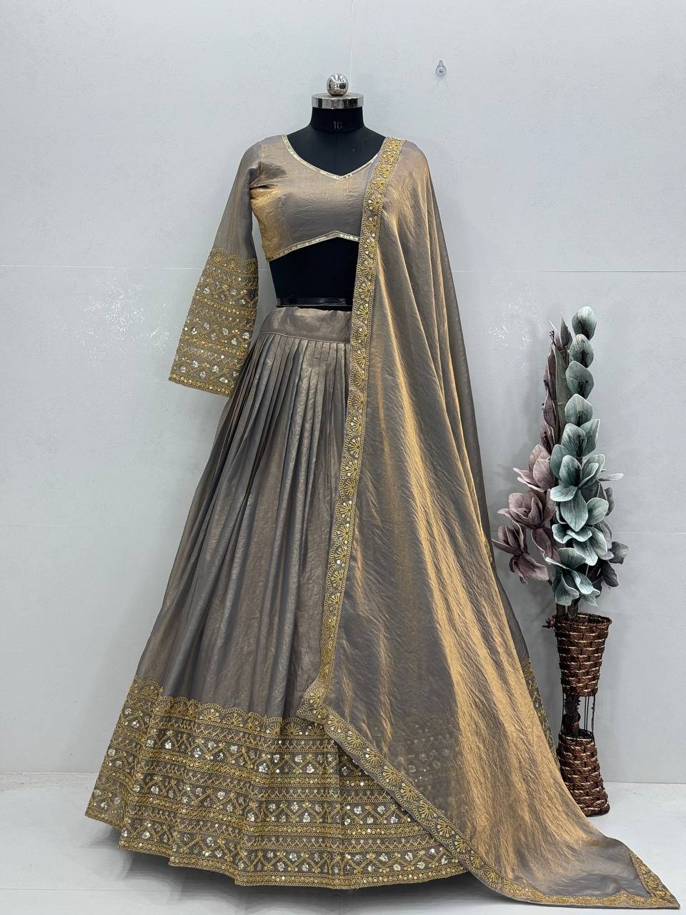 Golden Grey Silk Lehenga with Sequence Work and Dupatta