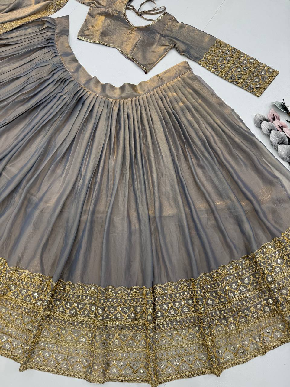 Golden Grey Silk Lehenga with Sequence Work and Dupatta