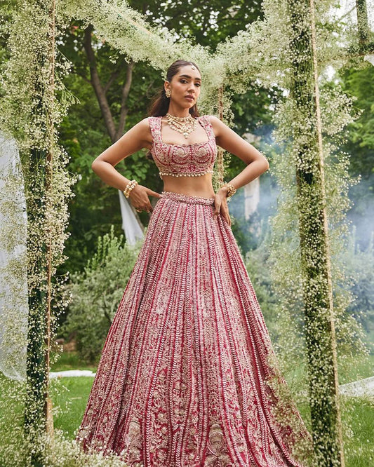 Cherry Red Embroidered Bridal Lehenga with Sequence Work Dupatta