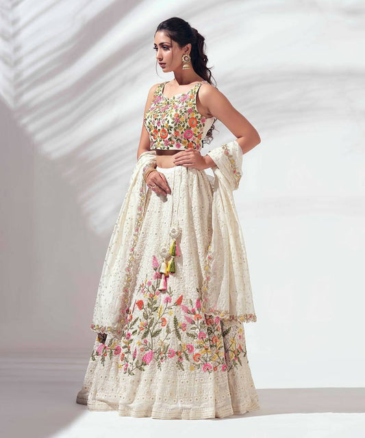 White Floral Embroidered Lehenga Choli with Net Dupatta Gracefully