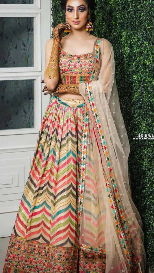 Multicolor Chevron Embroidered Lehenga Choli with Sheer Dupatta Elegance
