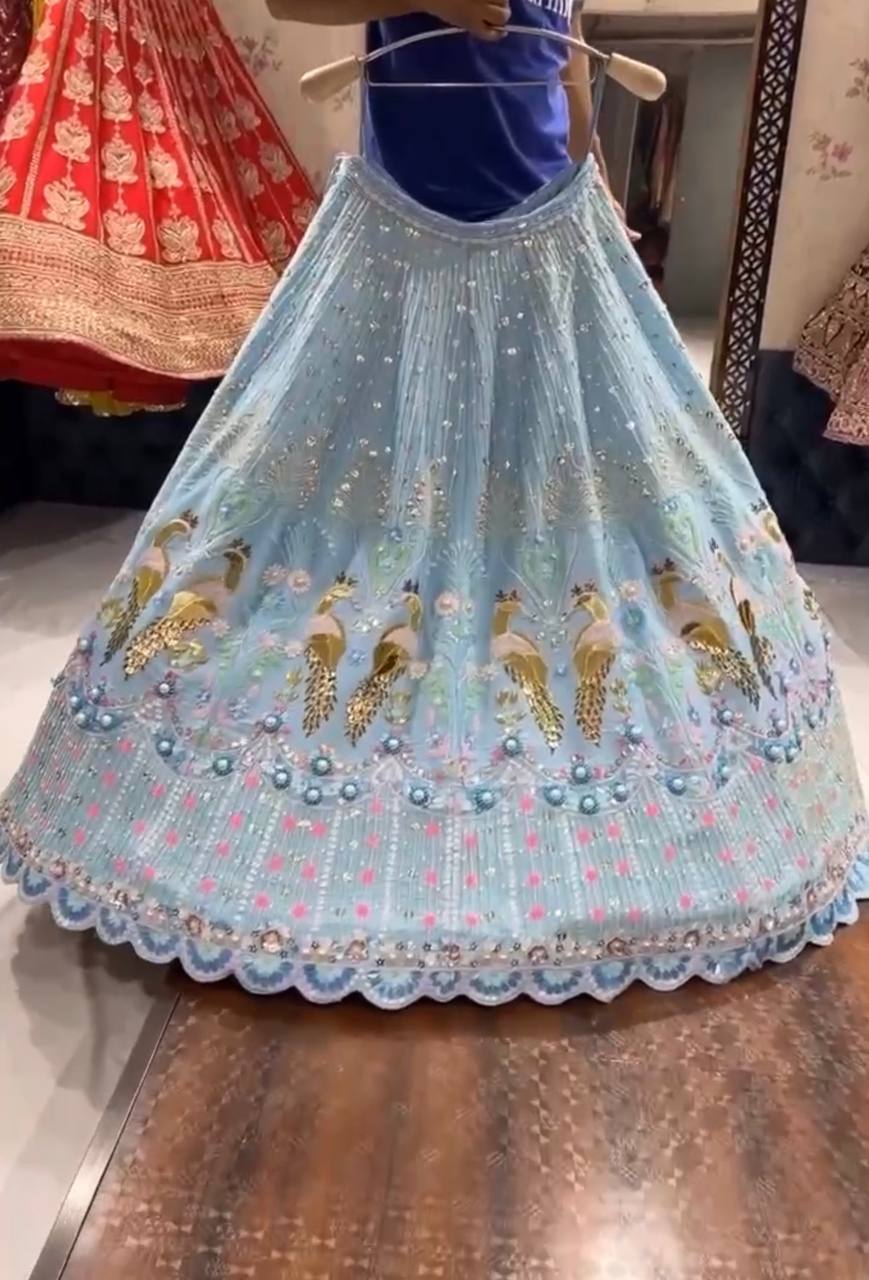 Sky Blue Embroidered Peacock Lehenga Set with Red Dupatta Charm