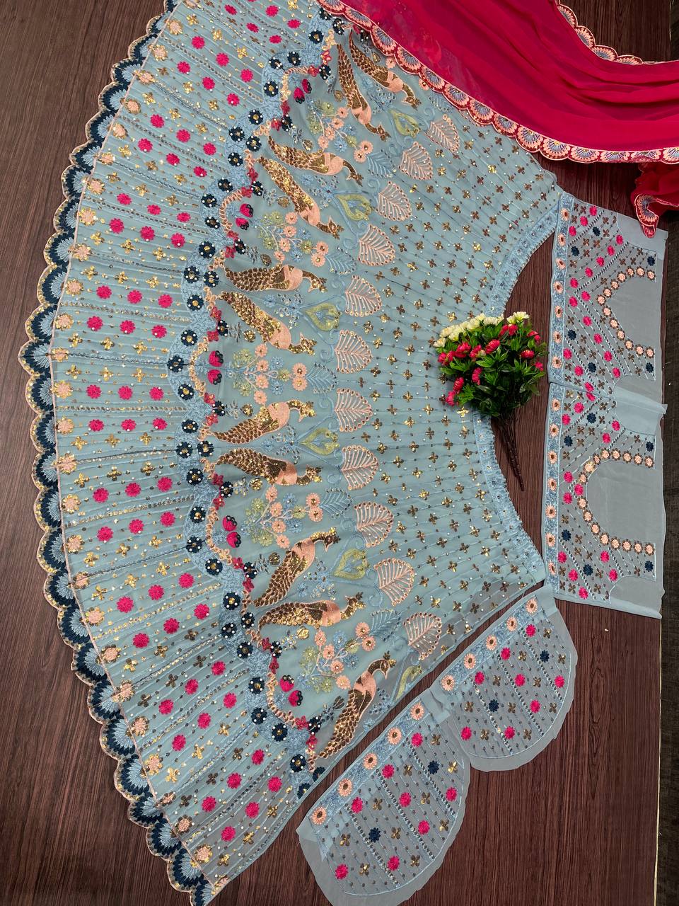 Sky Blue Embroidered Peacock Lehenga Set with Red Dupatta Charm