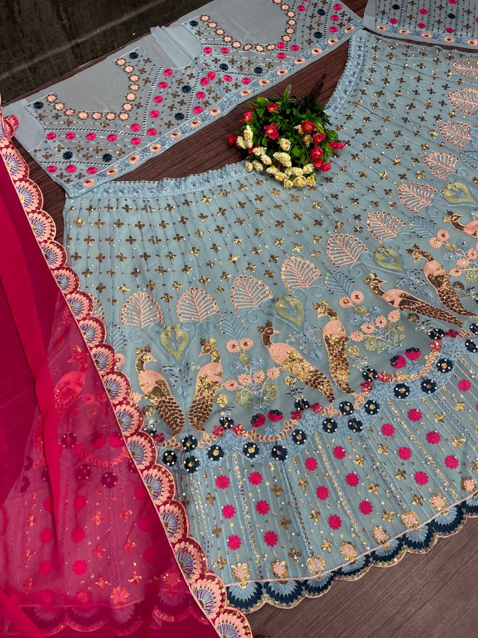 Sky Blue Embroidered Peacock Lehenga Set with Red Dupatta Charm