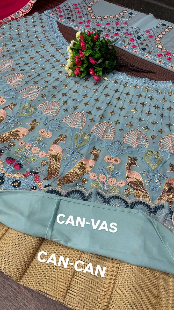 Sky Blue Embroidered Peacock Lehenga Set with Red Dupatta Charm