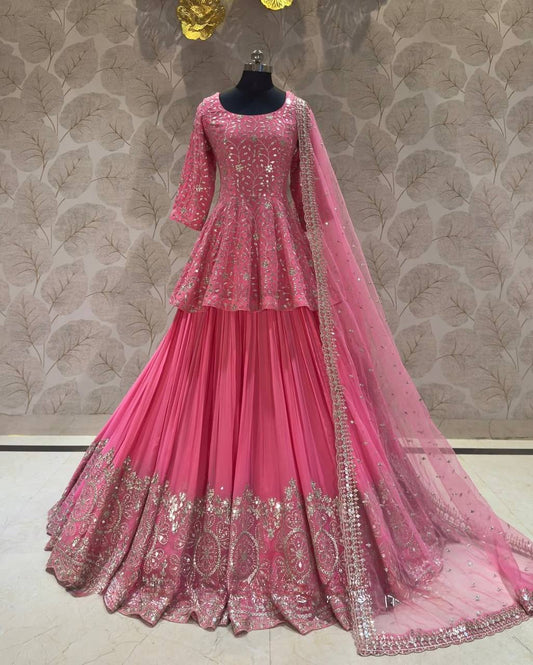 Elegant Pink Peplum Lehenga with Sequin Embroidery and Dupatta