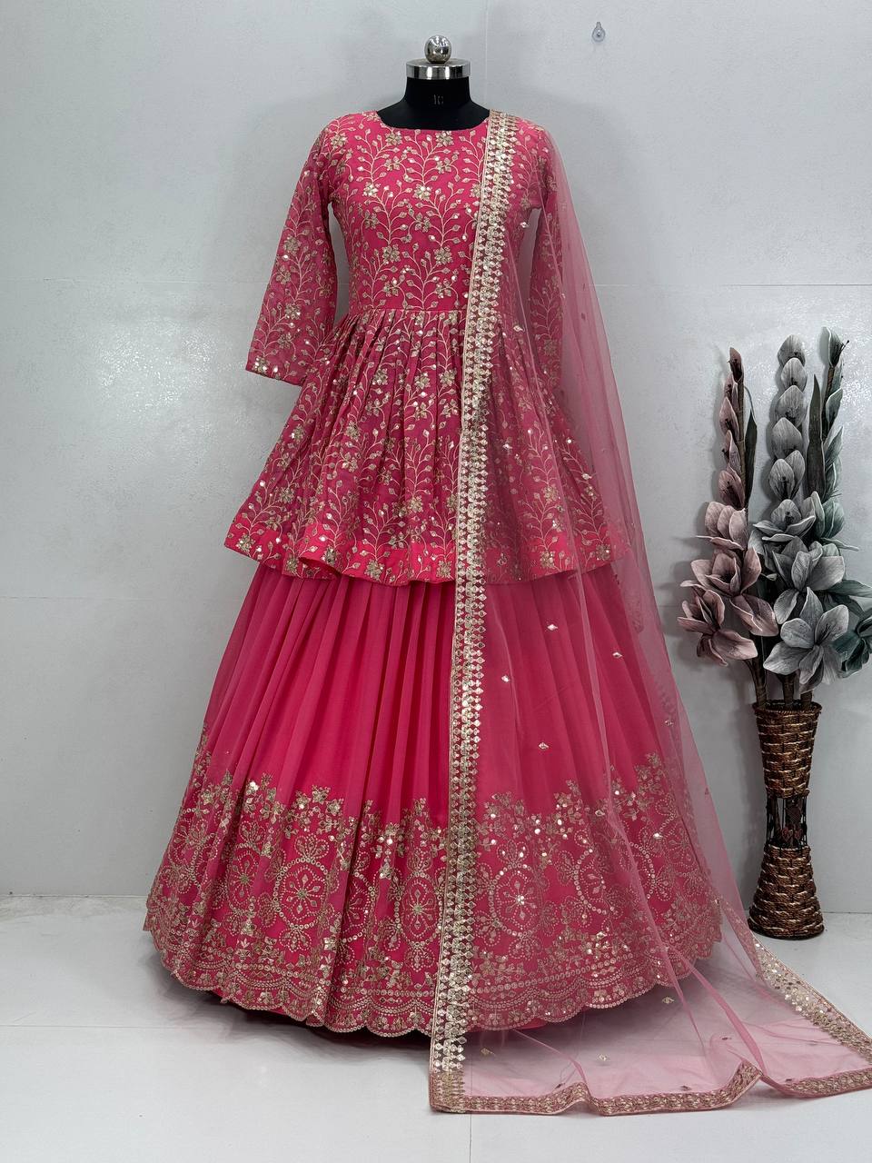 Elegant Pink Peplum Lehenga with Sequin Embroidery and Dupatta