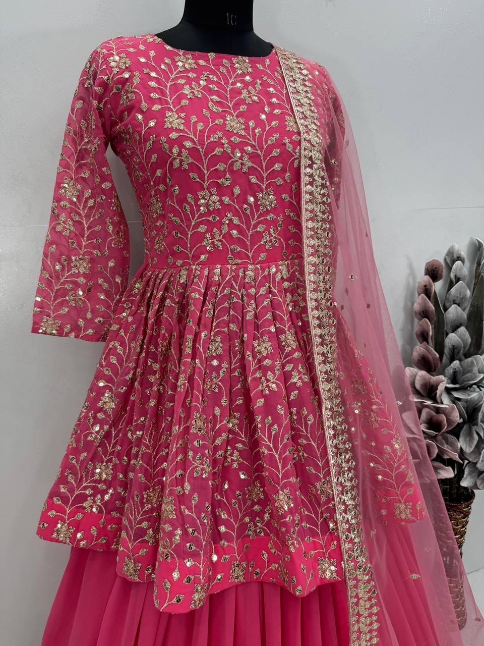 Elegant Pink Peplum Lehenga with Sequin Embroidery and Dupatta