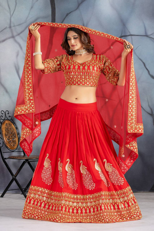 Red Golden Peacock Embroidered Lehenga with Traditional Blouse Dupatta Set