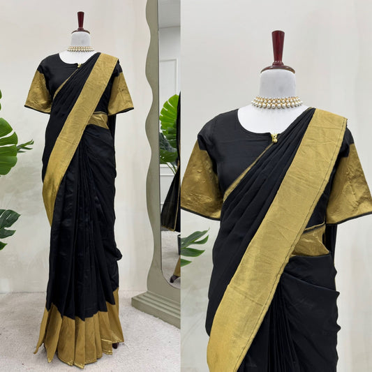Black and Gold Silk Saree with Contrast Blouse Design