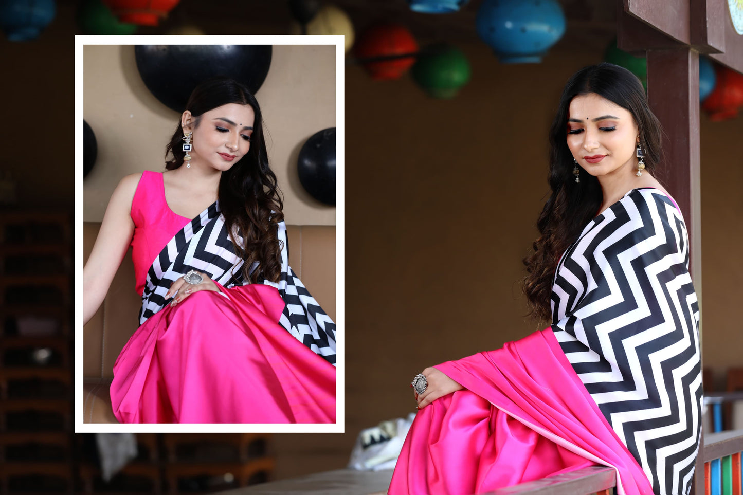 Hot Pink Saree with Bold Black and White Chevron Pattern