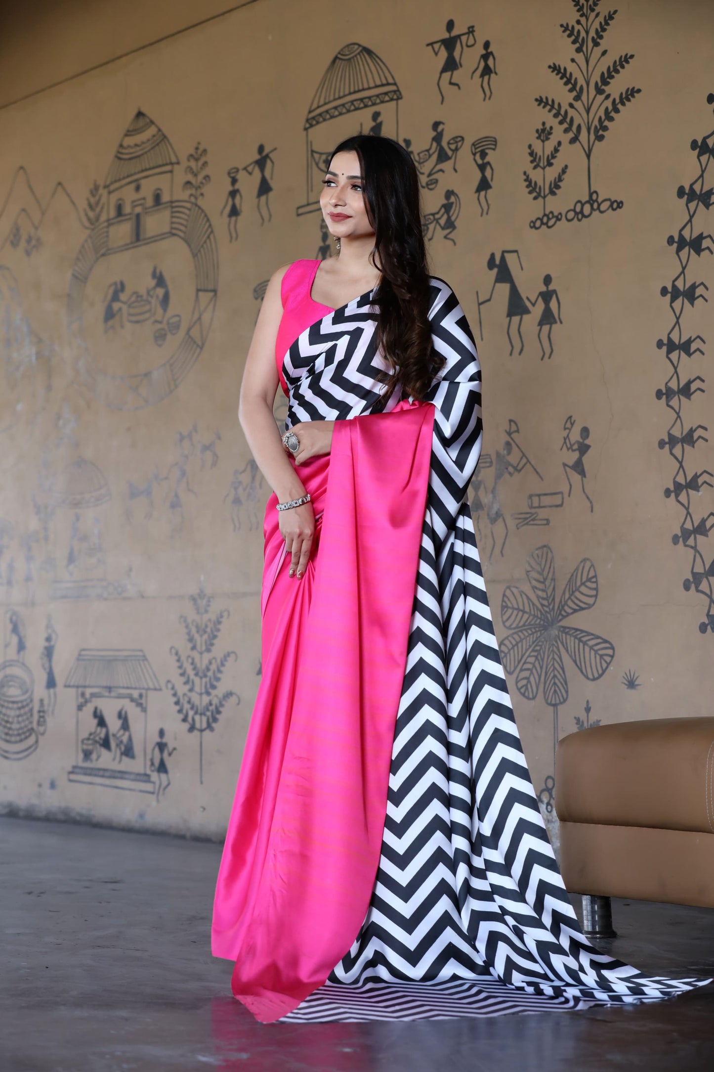 Hot Pink Saree with Bold Black and White Chevron Pattern