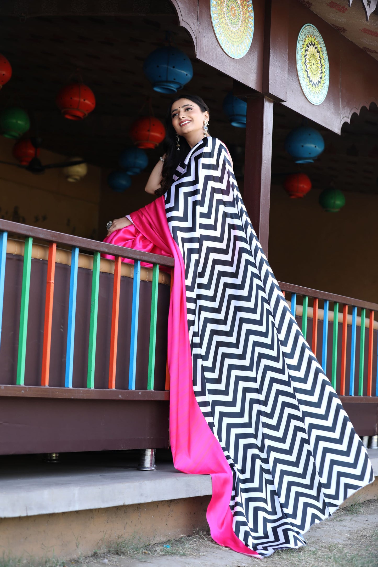 Hot Pink Saree with Bold Black and White Chevron Pattern