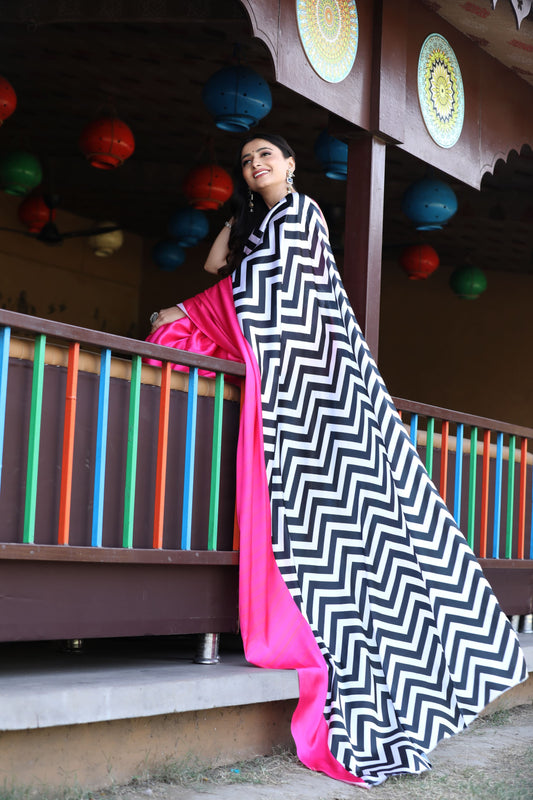 Hot Pink Saree with Bold Black and White Chevron Pattern