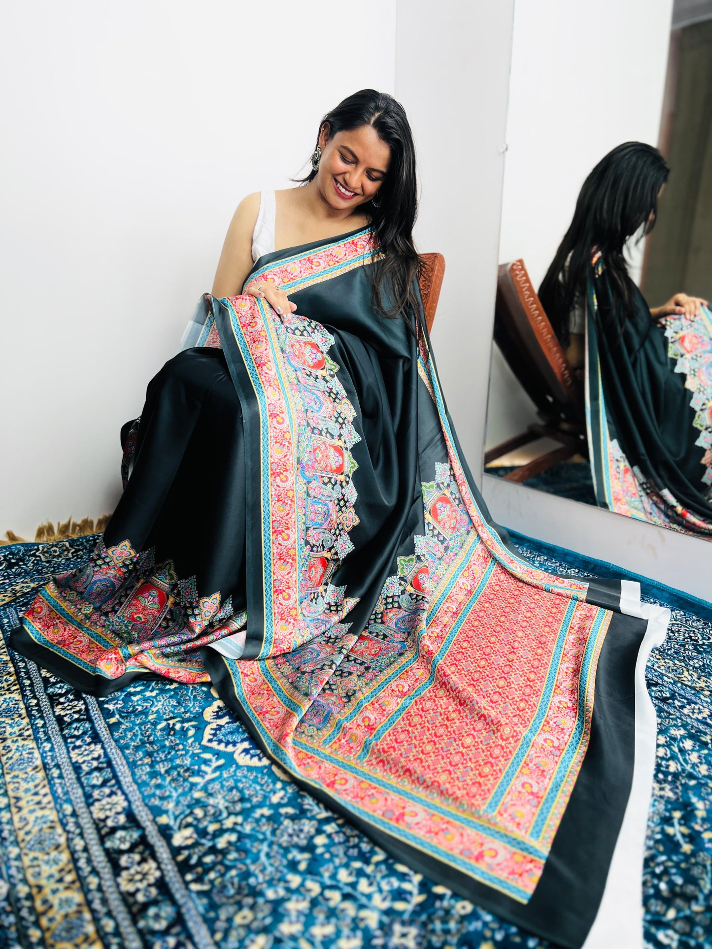 Saree with Vibrant Multicolor Printed Border Design