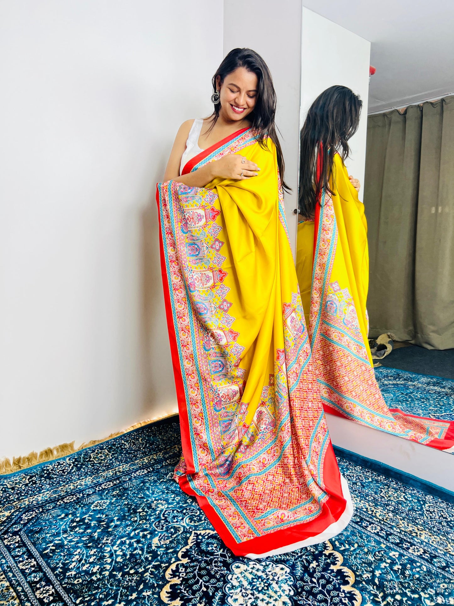 Saree with Vibrant Multicolor Printed Border Design