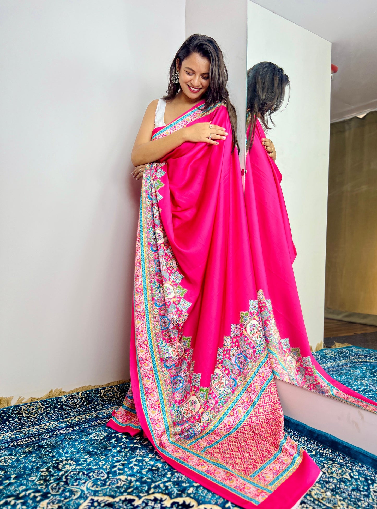 Saree with Vibrant Multicolor Printed Border Design