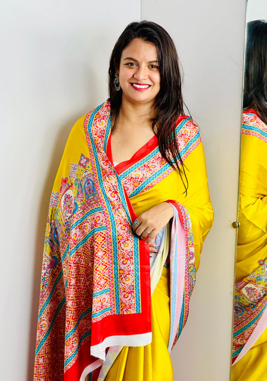 Saree with Vibrant Multicolor Printed Border Design