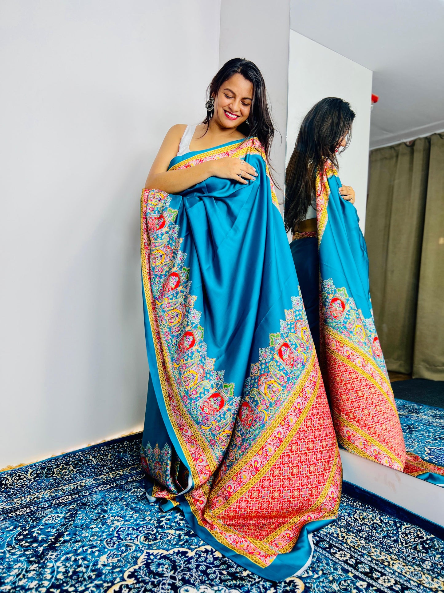 Saree with Vibrant Multicolor Printed Border Design
