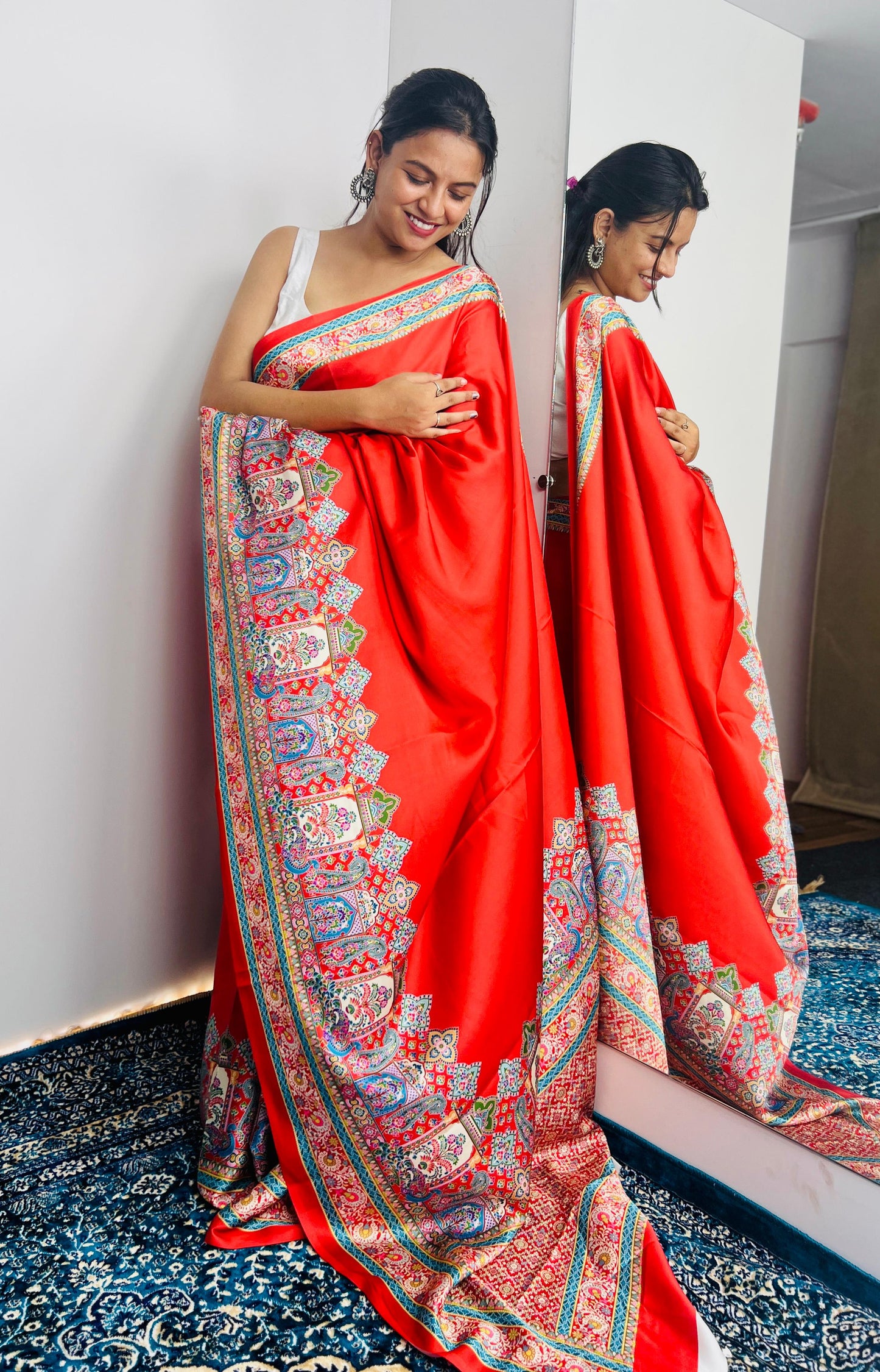 Saree with Vibrant Multicolor Printed Border Design