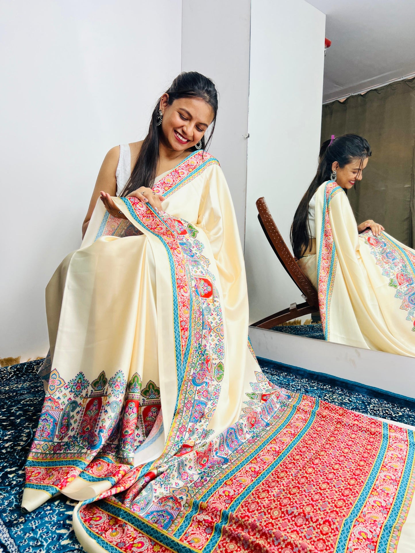 Saree with Vibrant Multicolor Printed Border Design