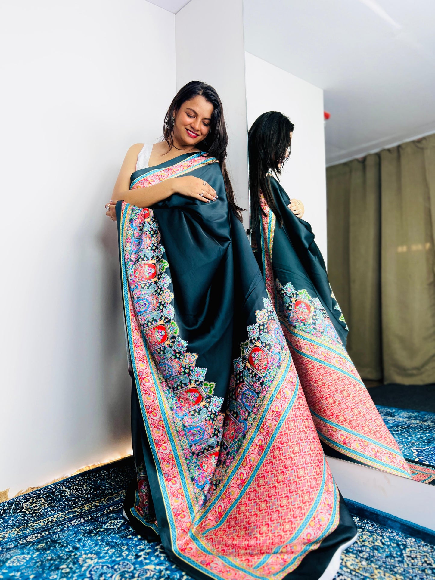 Saree with Vibrant Multicolor Printed Border Design