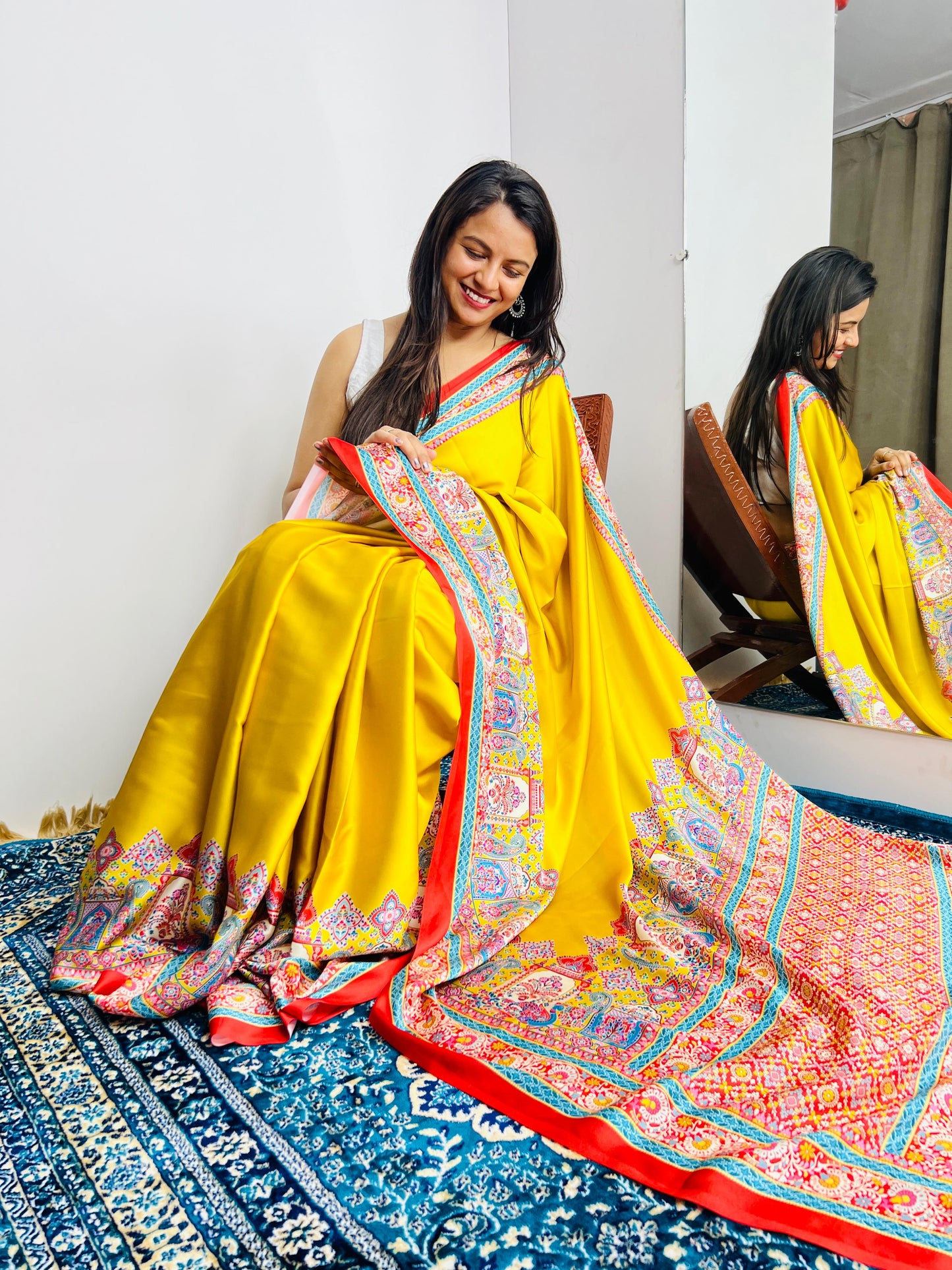 Saree with Vibrant Multicolor Printed Border Design