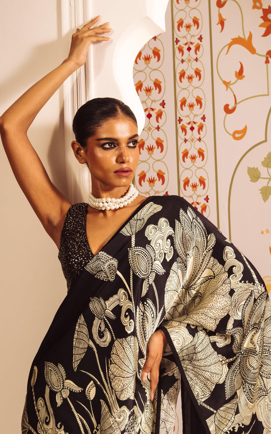 Elegant Ivory Saree with Black Floral Sketch Style Detailing