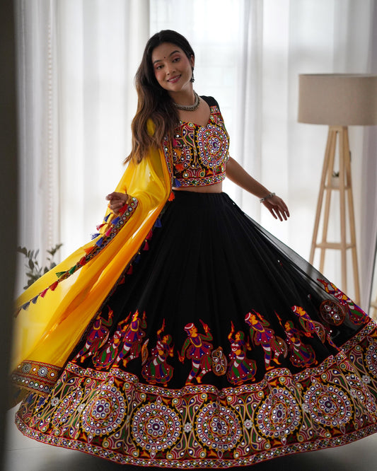 Vibrant Black Lehenga with Yellow Mirror Work Chaniya Choli