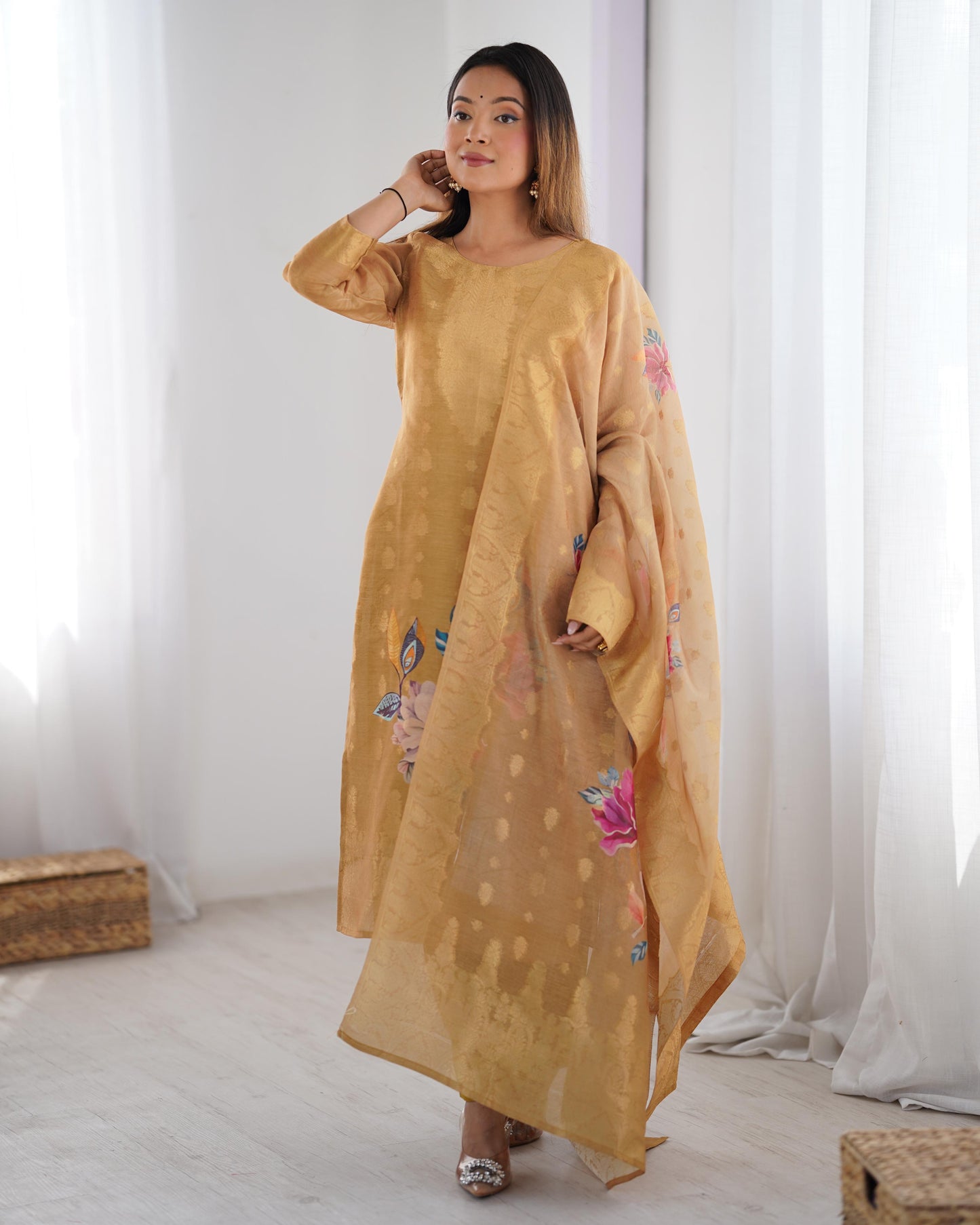 Floral Printed Suit with Sheer Dupatta Elegance