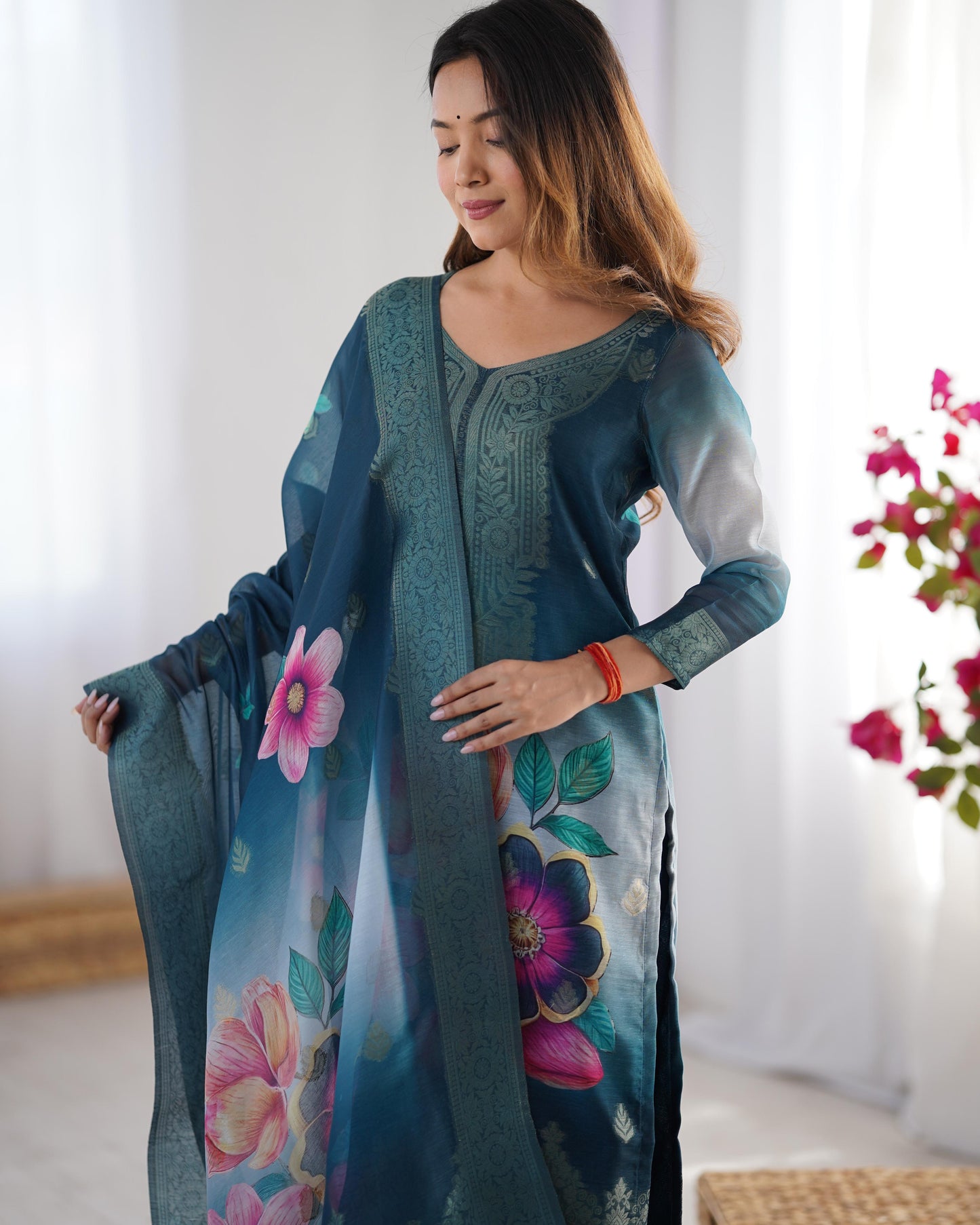 Floral Printed Suit with Sheer Dupatta Elegance