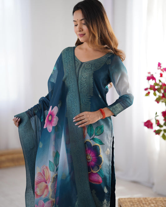 Floral Printed Suit with Sheer Dupatta Elegance