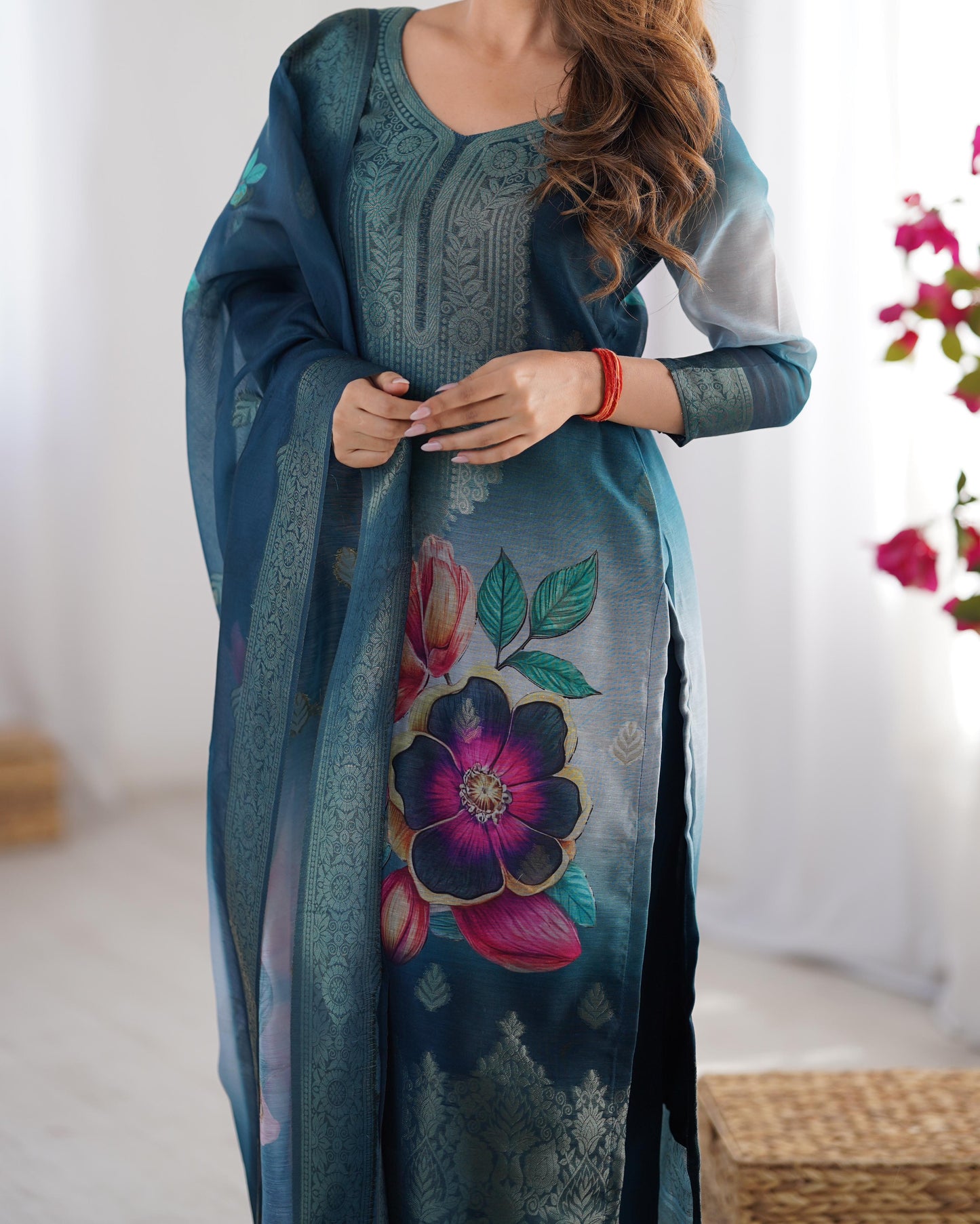 Floral Printed Suit with Sheer Dupatta Elegance