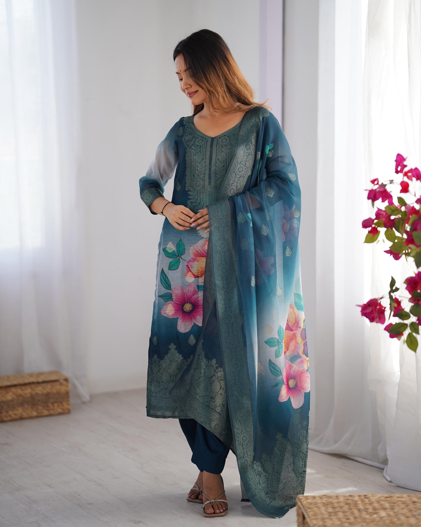 Floral Printed Suit with Sheer Dupatta Elegance
