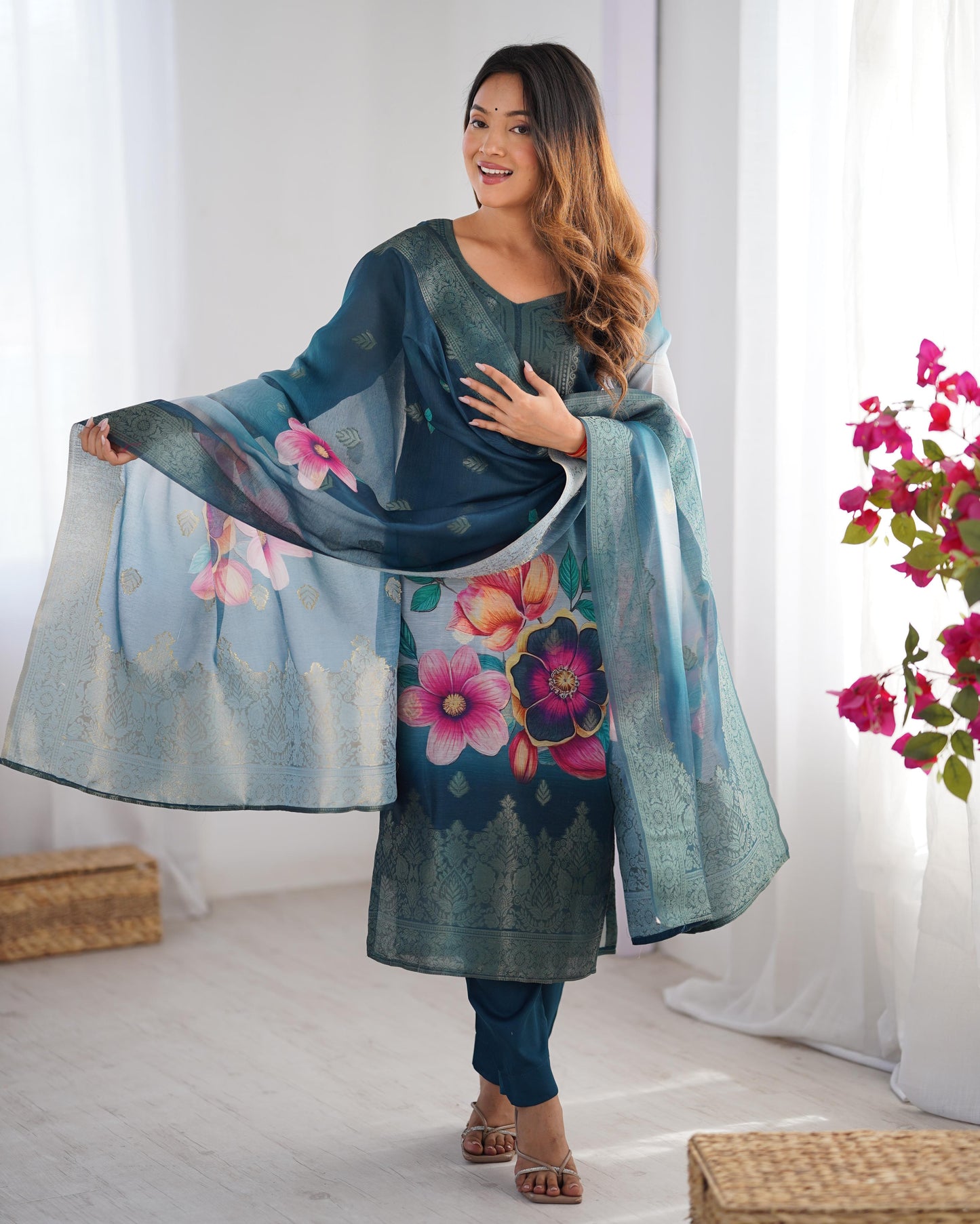 Floral Printed Suit with Sheer Dupatta Elegance