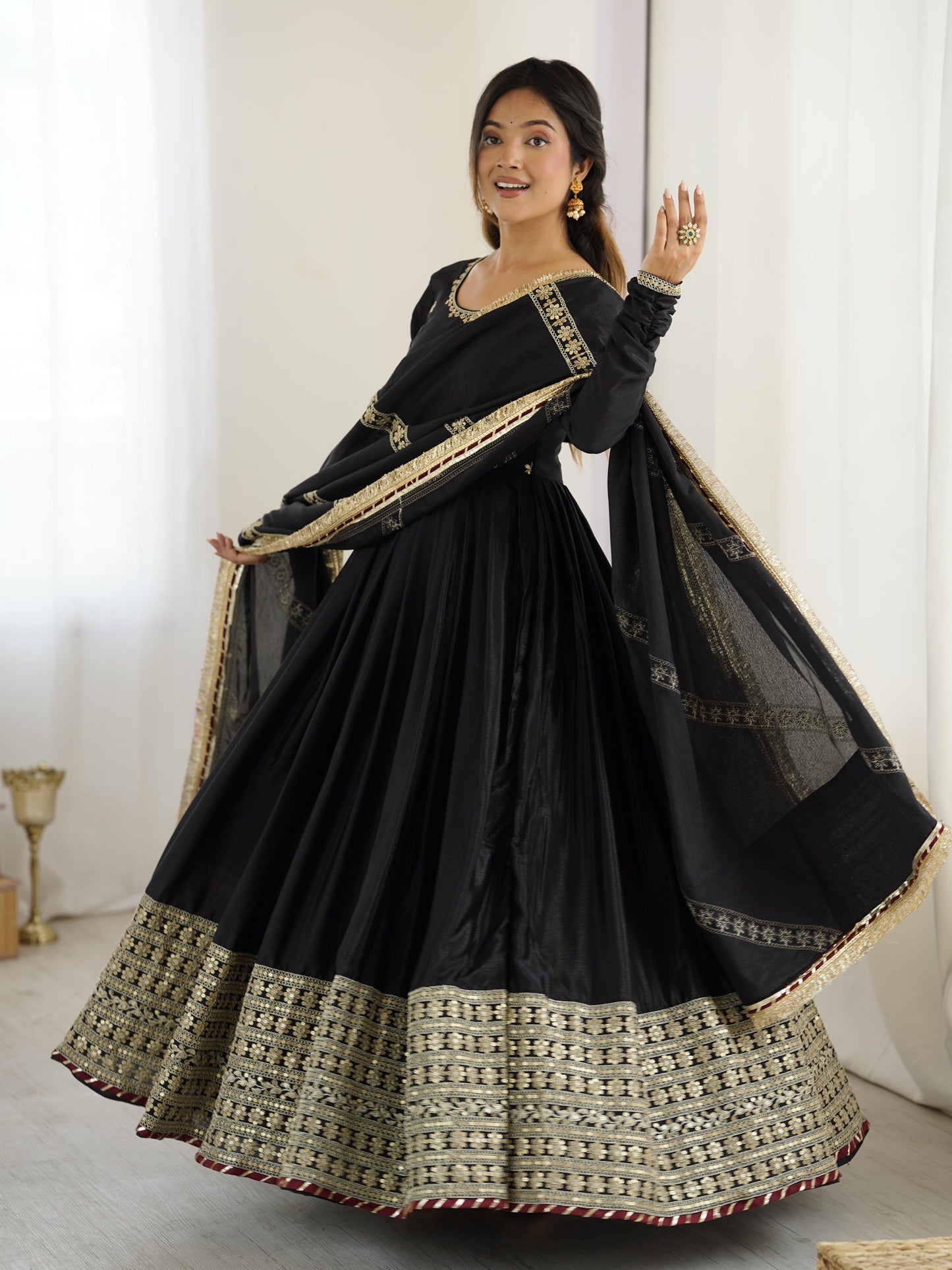 Elegant Anarkali With Golden Embroidery And Sheer Dupatta Charm