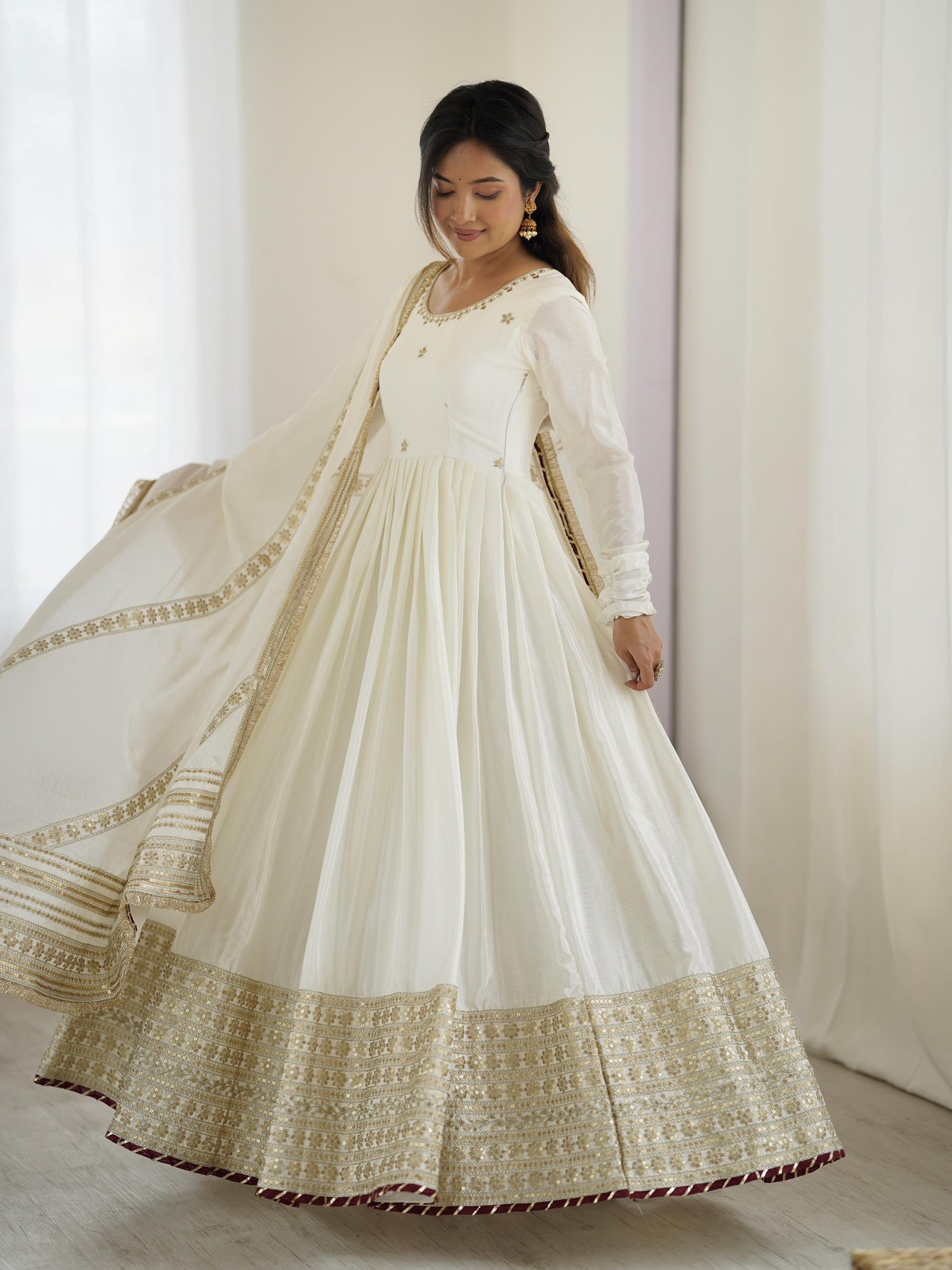 Elegant Anarkali With Golden Embroidery And Sheer Dupatta Charm