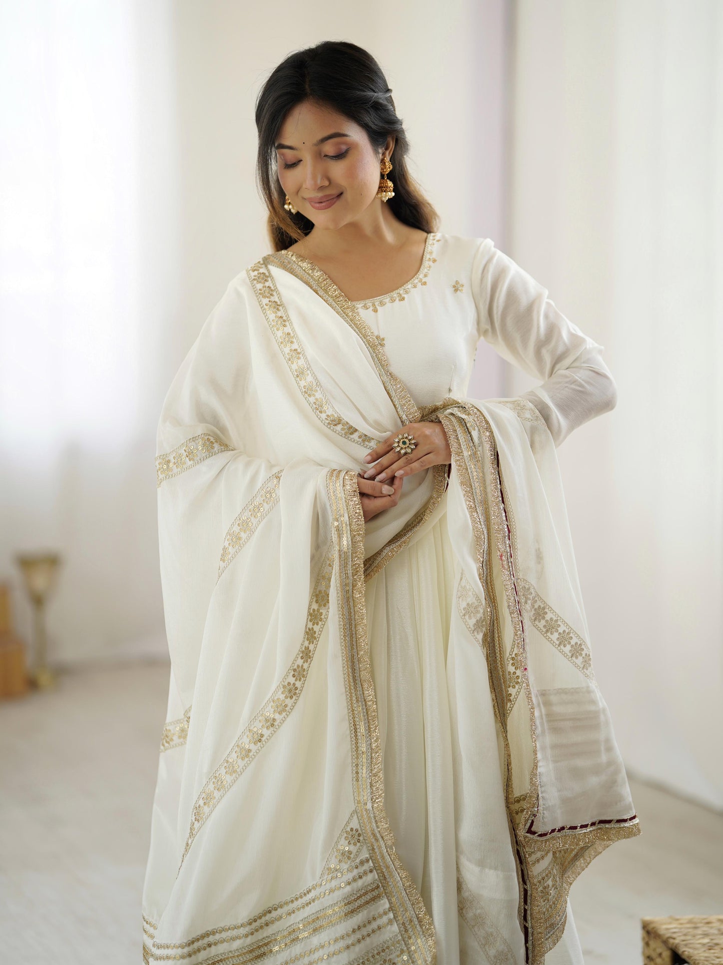 Elegant Anarkali With Golden Embroidery And Sheer Dupatta Charm