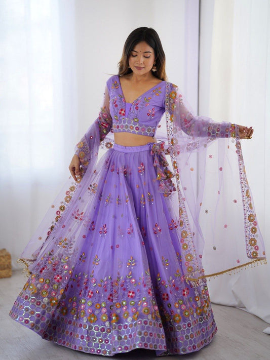 Embroidered Lehenga with Floral Net Dupatta