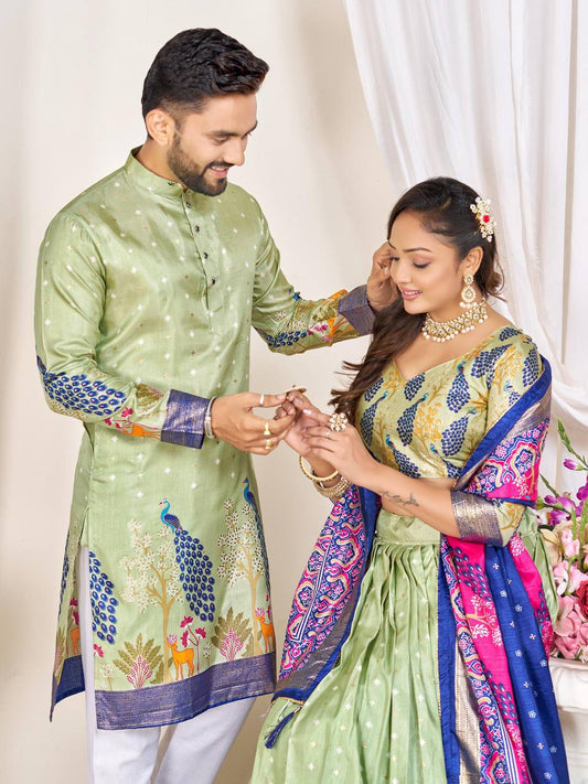 Couple's Matching Peacock Print Ethnic Wear With Floral Designs (Combo)