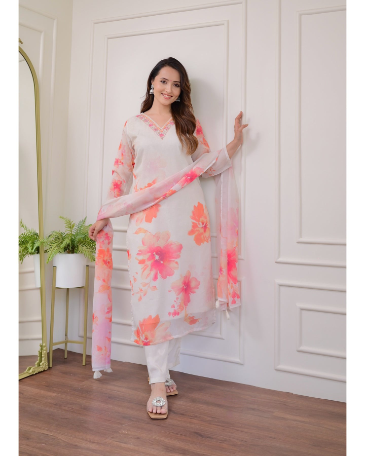 Women's ORGANZA Embroidered  Straight kurta suit sets